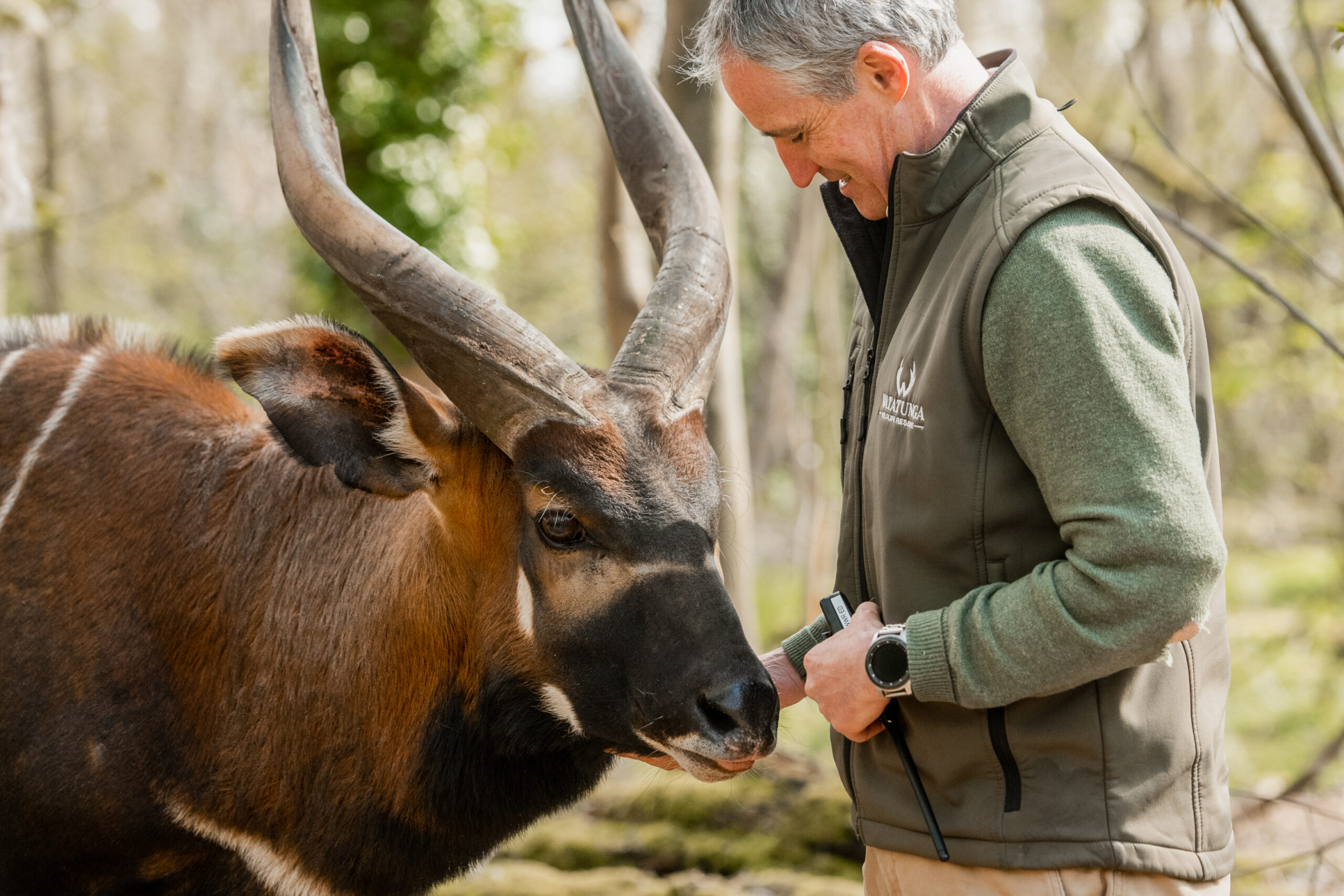 Mad dressed in green speaking to a chestnut and white striped antelope