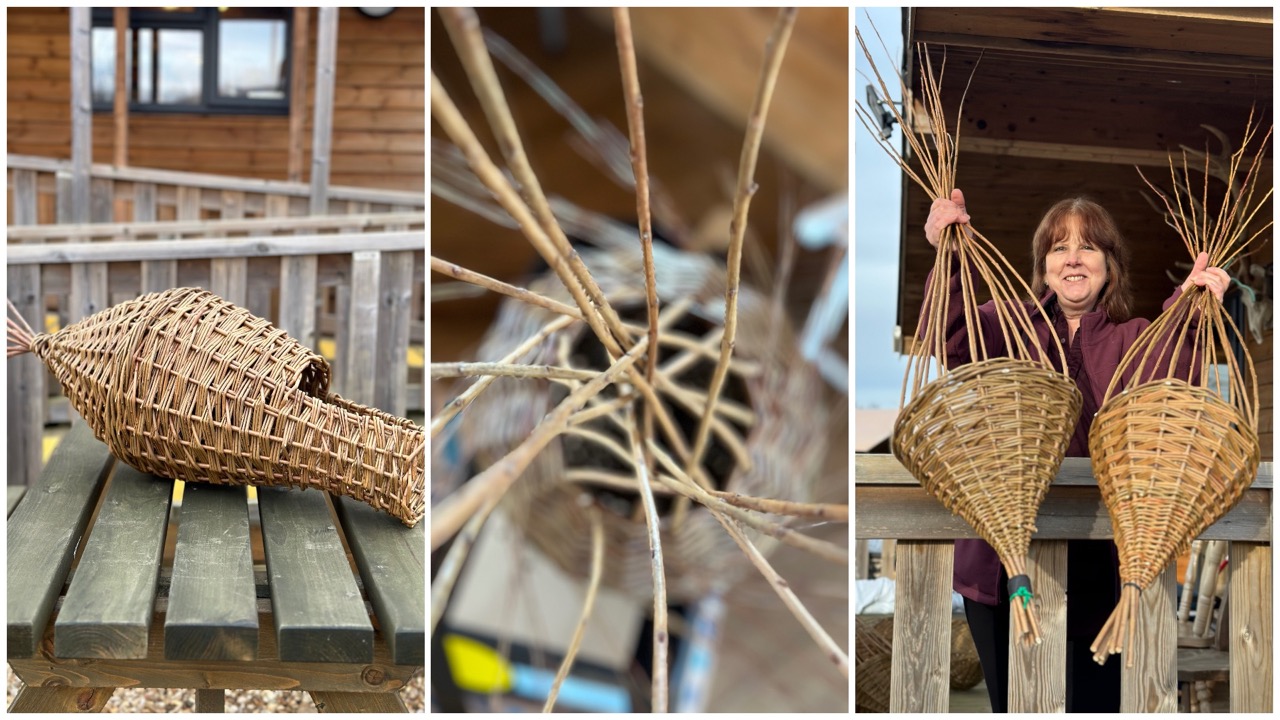 A coal-scuttle shaped willow basket used for duck nesting, a beautigful pattern of willow weave and the willow weaving teacher, Jean Shore.