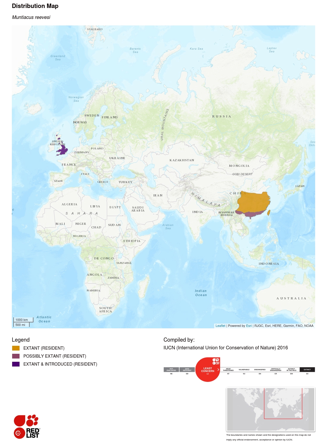 Reeves muntjac distribution map